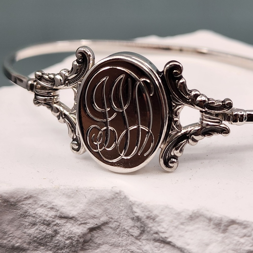 Avon Silver Tone Monogram Locket Bangle Bracelet Ornate Scrollwork Hinged Cuff
